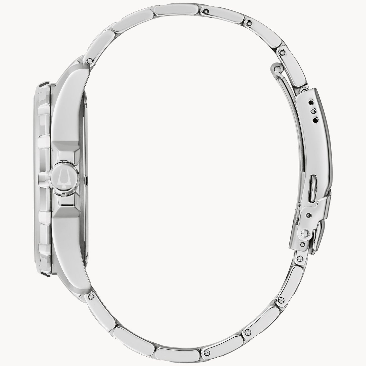Side view of a Bulova Marine Star Watch | 96B382 by the Bulova Watch Company, featuring a silver finish and metal bracelet. The men’s timepiece boasts a round face, clasp closure, slim profile, and intricately linked band.