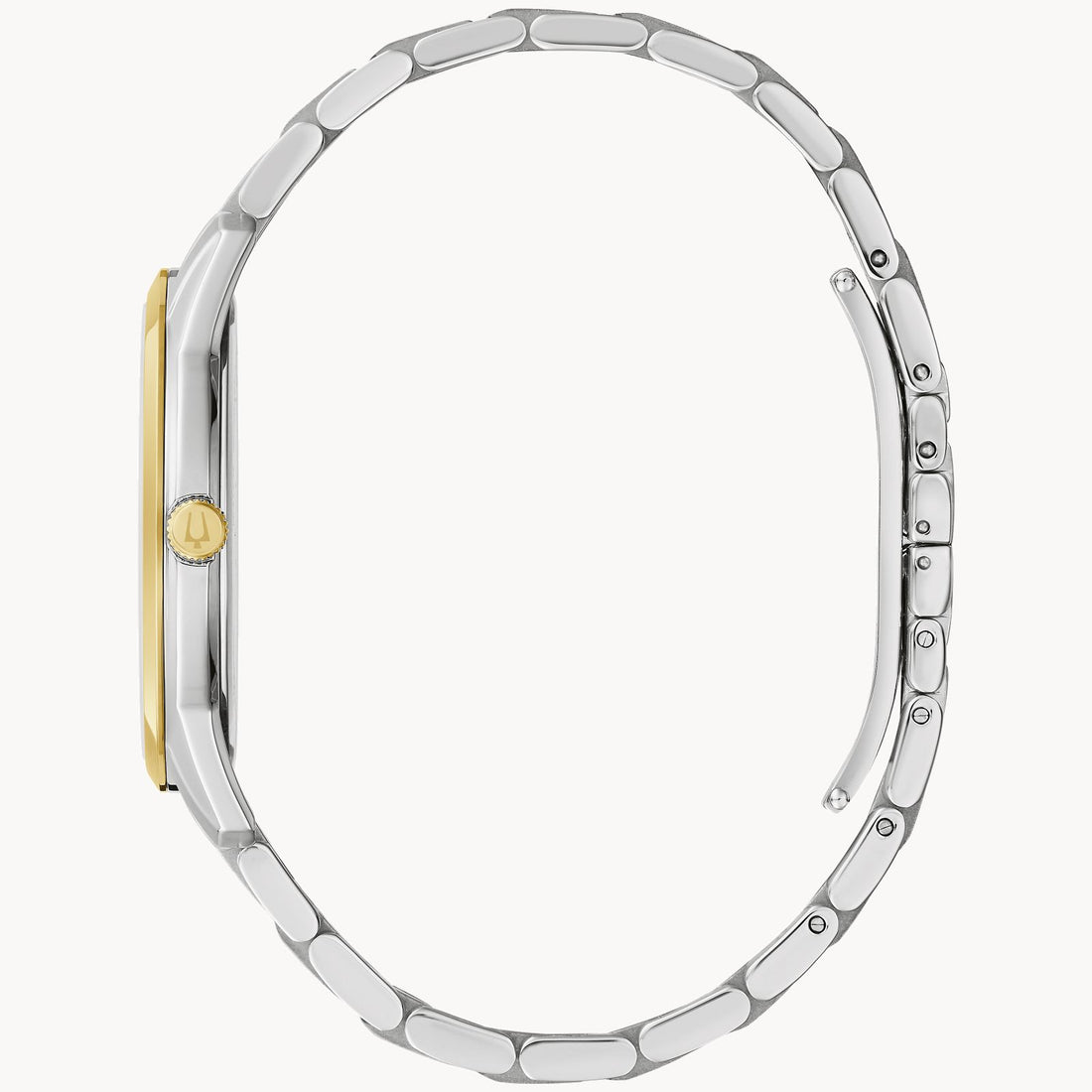 Side view of the Bulova Sutton Classic Watch | 98B385 by the Bulova Watch Company, showcasing its slim, two-tone band with a blend of silver and gold. The watch face is not visible, emphasizing the intricate design of the two-tone timepiece and the profile of the case.