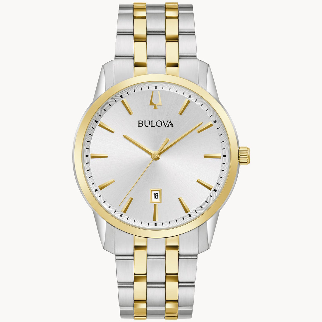 The Bulova Sutton Classic Watch (98B385) by the Bulova Watch Company features a two-tone metal band in silver and gold. It has a round silver watch face with gold hour markers and hands, and includes a date display at the 6 o'clock position. This elegant dress watch is designed with a silver case accented with refined gold details.