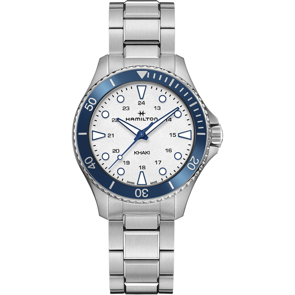 The Hamilton Khaki Navy Scuba Quartz 37mm watch boasts a stainless steel bracelet and a circular silver dial. This high-seas style timepiece features a blue bezel with white numerals, silver hour markers, and a date window at the 4 o'clock position. The hour and minute hands are silver with a blue second hand.