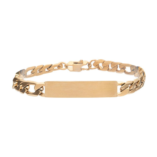 The INOX Engravable ID Plate & Curb Chain Bracelet for men is meticulously crafted from 18K gold, showcasing a flat, rectangular engravable ID plate at its center. The bracelet features a chain of interlocking, angled links and is securely fastened with a clasp, resting gracefully against a white background.