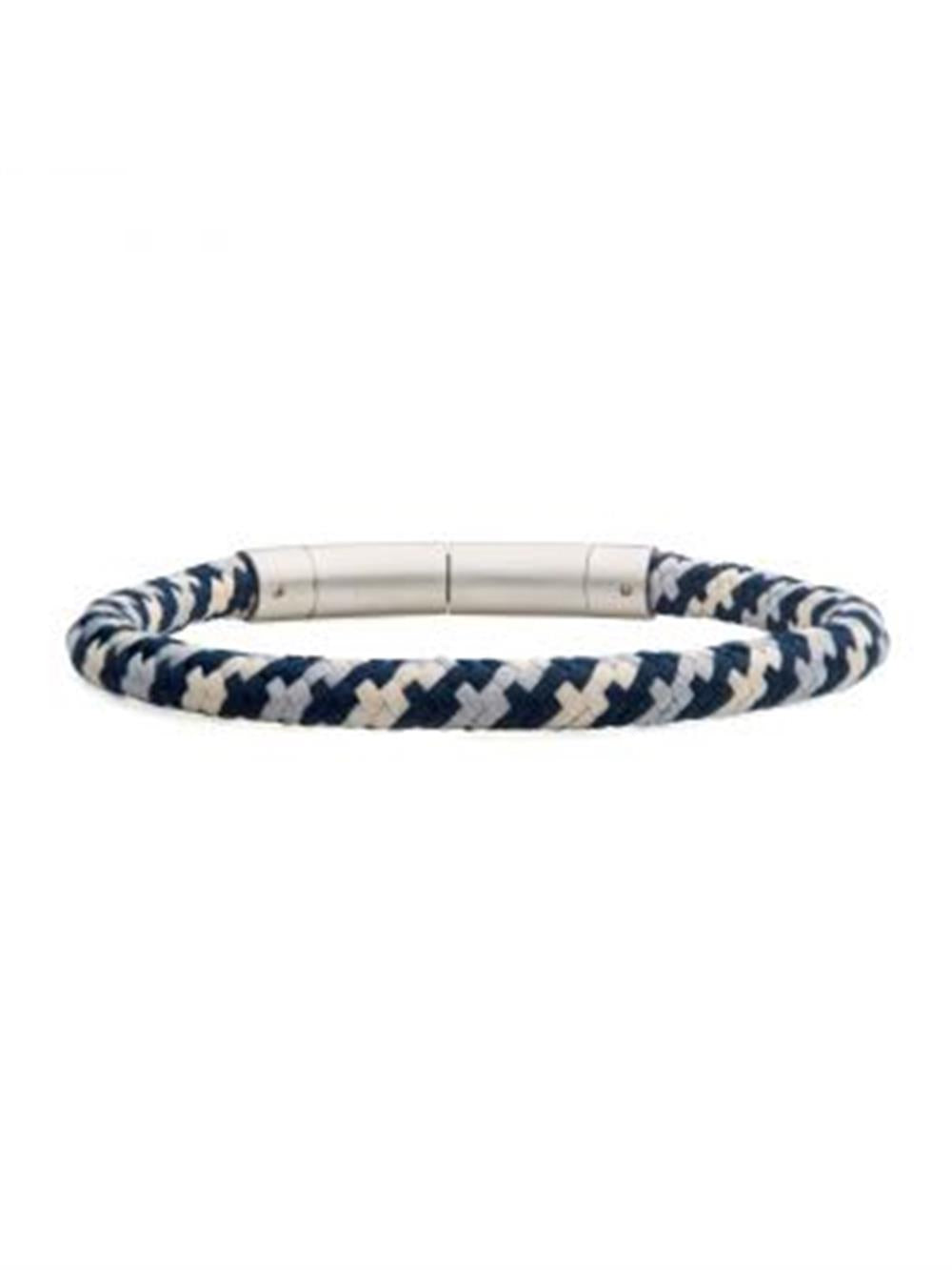 The 6mm Blue, Grey, and Beige Nylon Cord Bracelet from INOX features a braided pattern and an 8-8.5" length, with a smooth, cylindrical metallic clasp at the center.