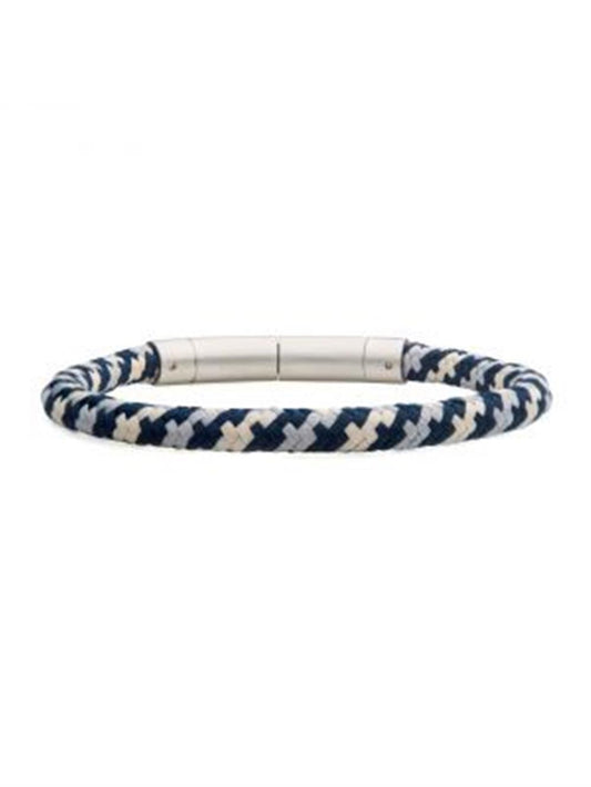 The 6mm Blue, Grey, and Beige Nylon Cord Bracelet from INOX features a braided pattern and an 8-8.5" length, with a smooth, cylindrical metallic clasp at the center.