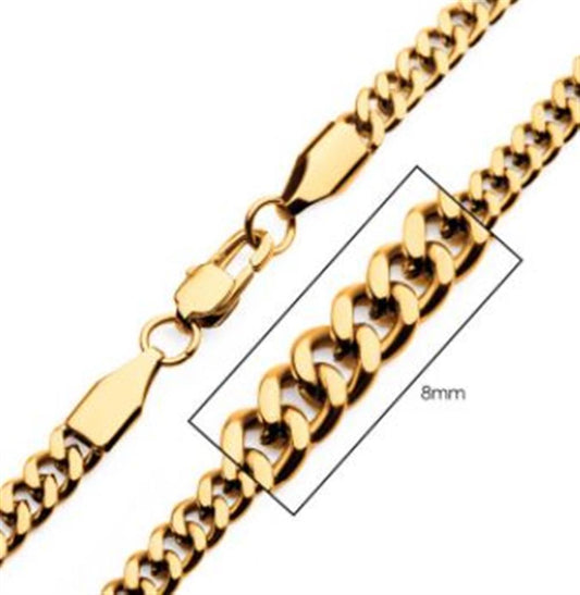 A close-up image of the 8mm 18K Gold Plated Diamond Cut Curb Chain Necklace from INOX. The men's stainless steel necklace features interlocking rounded links and a lobster clasp, displayed against a white background. A rectangular box highlights a section, indicating the width as 8mm.