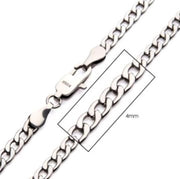 Close-up of the 4mm Steel Classic Curb Chain necklace by INOX, featuring a lobster clasp. A section of the 24" steel chain is measured and labeled, with the metal marked "ITTAI" near the clasp.