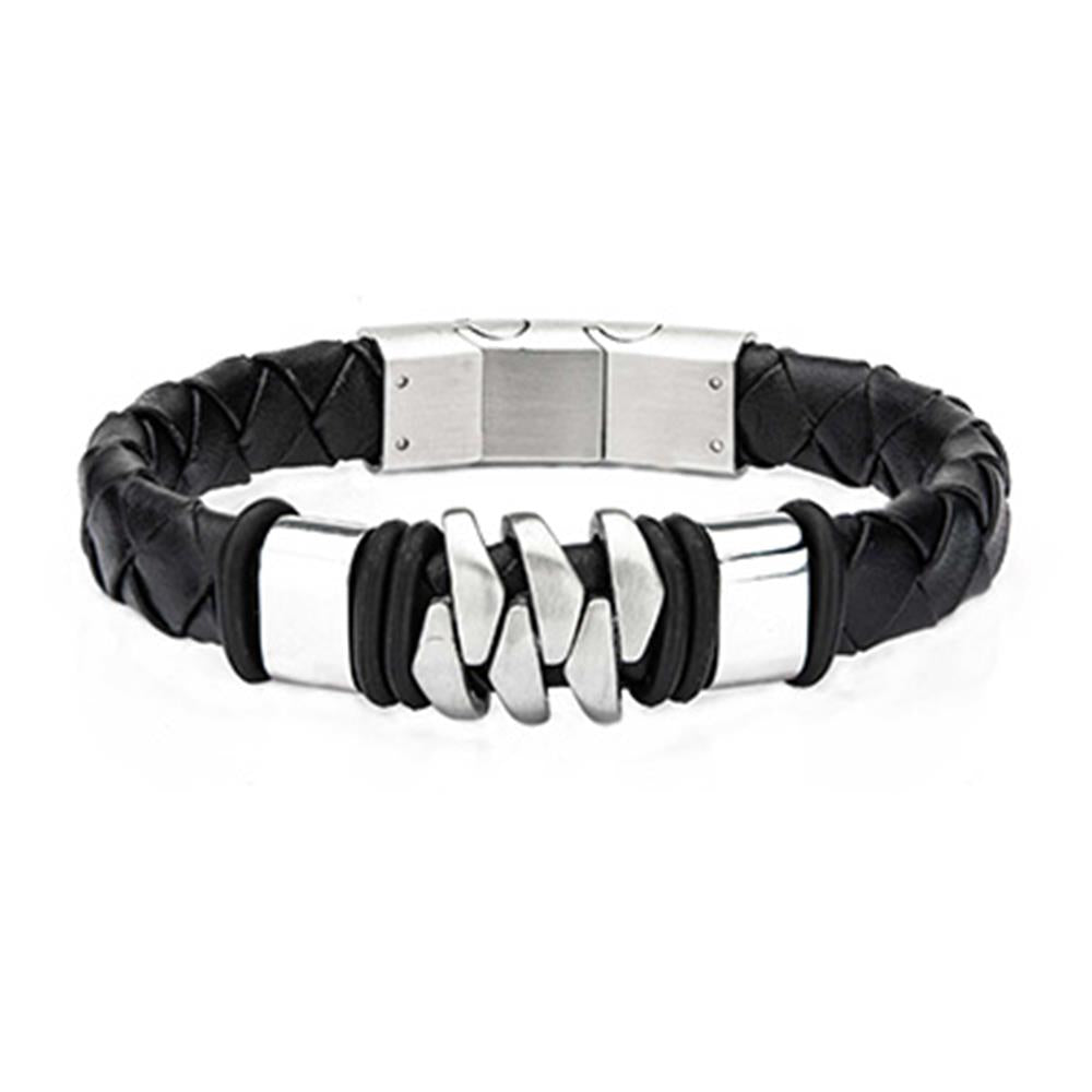 The INOX Men's Stainless Steel with Matte Black Leather Bohemian Bracelet + 1 s combines a black braided leather band with stainless steel accents and a clasp. The central design showcases interlocking, polished metal pieces, making it an ideal men's stainless steel bracelet.