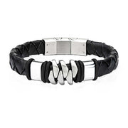 The INOX Men's Stainless Steel with Matte Black Leather Bohemian Bracelet + 1 s combines a black braided leather band with stainless steel accents and a clasp. The central design showcases interlocking, polished metal pieces, making it an ideal men's stainless steel bracelet.