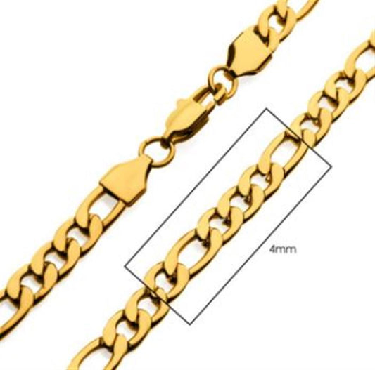 A close-up image of the INOX 4mm 18K Gold Plated Figaro Chain, featuring rectangular and oval links and a secure lobster clasp. A highlighted section indicates the chain's 4mm link width, making it an ideal Men's Stainless Steel accessory.