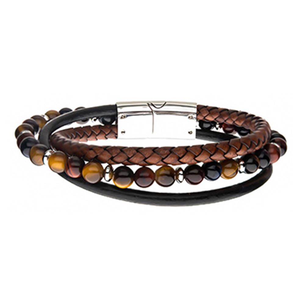 Men's Stainless Steel Tiger Eye Beads with Brown Braided and Black Lea