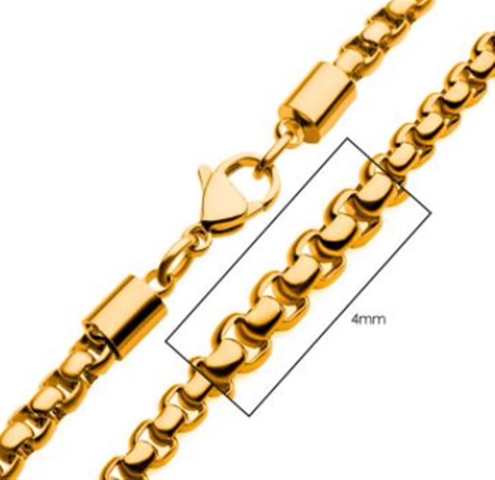 Here's a close-up of the 4mm 18K Gold Plated Bold Box Chain Necklace measuring 22 inches, designed by INOX. This men's stainless steel necklace features interlocking links with intricate details and craftsmanship, highlighted by its lobster clasp.