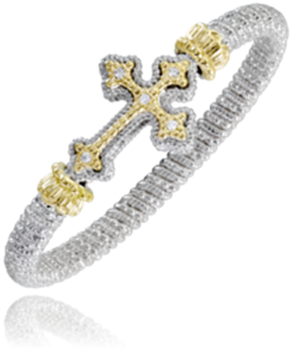 An exquisite bracelet from Alwand Vahan Jewelry features a prominent cross centerpiece encrusted with 0.10ct diamonds, bordered by gold accents. The silver-toned band is the 6MM Closed Band in Size B2, with a textured, shimmering design (Product Code: 22959D06).