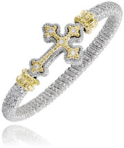 An exquisite bracelet from Alwand Vahan Jewelry features a prominent cross centerpiece encrusted with 0.10ct diamonds, bordered by gold accents. The silver-toned band is the 6MM Closed Band in Size B2, with a textured, shimmering design (Product Code: 22959D06).