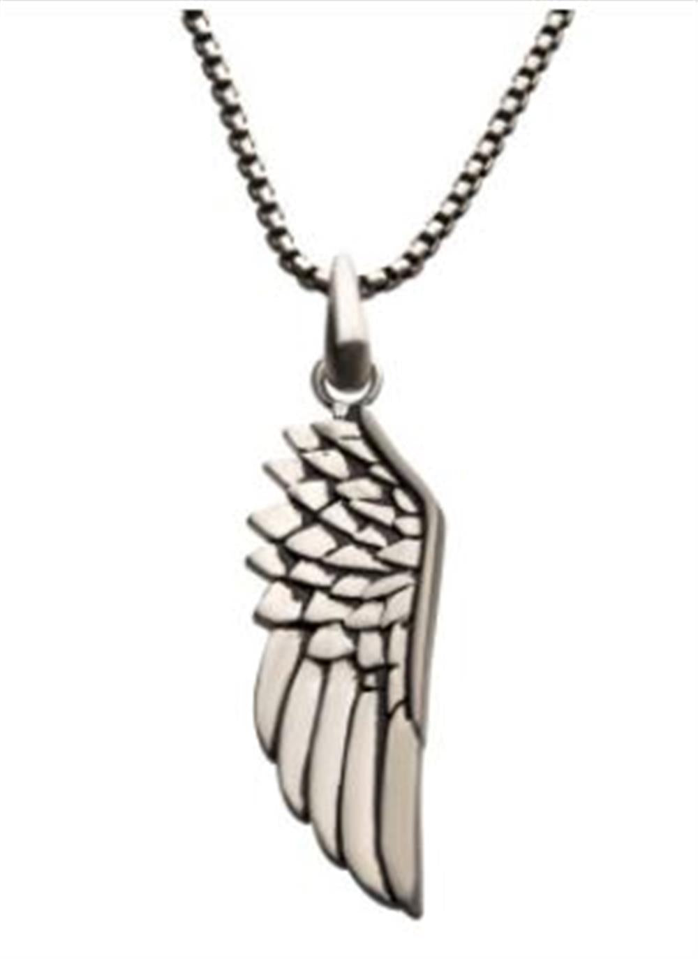 A photograph of the Steel Wing Pendant with Black Oxidized Steel Box Chain by INOX, featuring a men's silver angel wing. The intricately detailed feathers on the pendant hang from a 24-inch black oxidized steel box chain, creating a striking and elegant piece of jewelry against a plain white background.