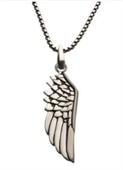 A photograph of the Steel Wing Pendant with Black Oxidized Steel Box Chain by INOX, featuring a men's silver angel wing. The intricately detailed feathers on the pendant hang from a 24-inch black oxidized steel box chain, creating a striking and elegant piece of jewelry against a plain white background.
