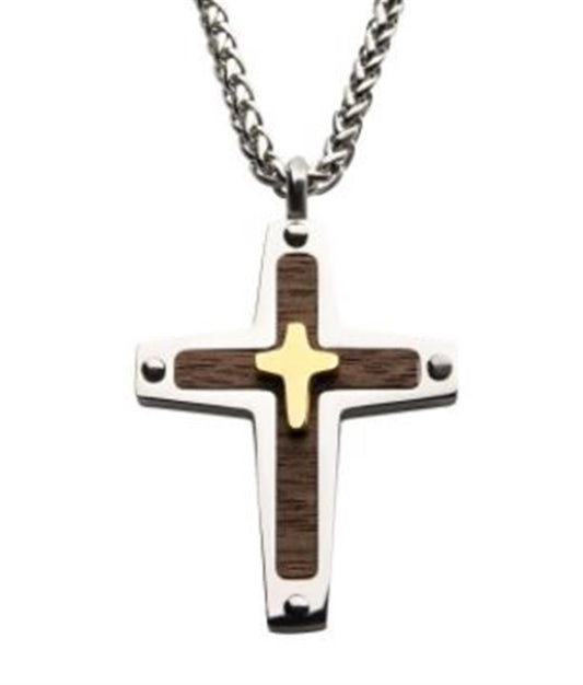 18K Gold Plated Cross Overlapped on a Steel Pendant with Walnut Wood I 24" chain | INOX