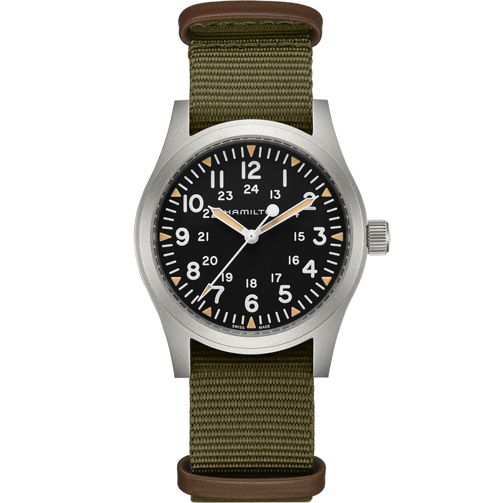 The Khaki Field Mechanical Watch by Hamilton is a 42mm timepiece boasting a black dial with white Arabic numeral hour markers. It showcases the H-50 movement within a stainless steel case, complemented by a green fabric strap with brown leather accents. The dial features both 12- and 24-hour markings, silver hour and minute hands, and a beige second hand.