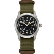 The Khaki Field Mechanical Watch by Hamilton is a 42mm timepiece boasting a black dial with white Arabic numeral hour markers. It showcases the H-50 movement within a stainless steel case, complemented by a green fabric strap with brown leather accents. The dial features both 12- and 24-hour markings, silver hour and minute hands, and a beige second hand.