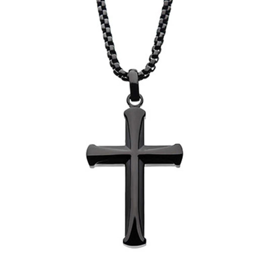 A Stainless Steel Black Plated Apostle Cross Pendant with beveled edges from INOX hangs on a matching bold box chain with a linked design. The pendant, set against a plain white background, boasts a sleek, modern look with a subtle reflective surface.