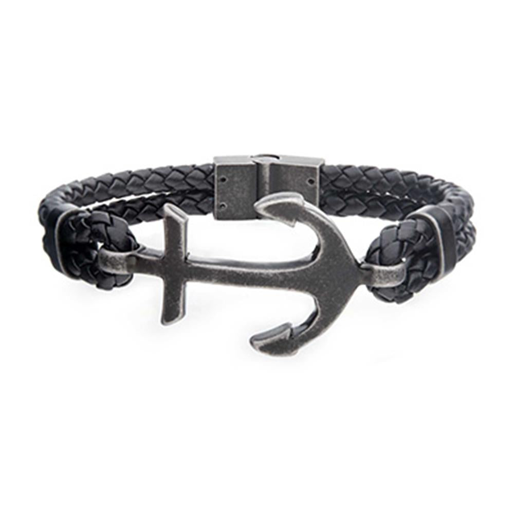 The Men's Black Antiqued Double Leather Bracelet from INOX is a stylish accessory featuring a large metallic anchor charm as its centerpiece. Crafted from intertwined black leather, it boasts adjustable loops on either side of the anchor, serving as the clasp. This bracelet perfectly blends a nautical theme with a modern touch.