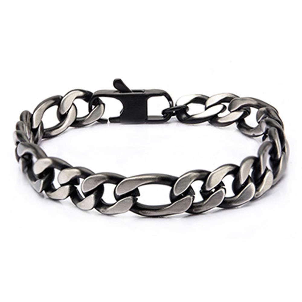 Presenting the Black IP Figaro Chain Bracelet by INOX: A sleek and polished men's accessory measuring 8.5 inches long, this stainless steel bracelet features heavy, interlocking links and a sturdy clasp for a bold and modern appearance.