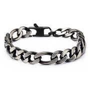 Presenting the Black IP Figaro Chain Bracelet by INOX: A sleek and polished men's accessory measuring 8.5 inches long, this stainless steel bracelet features heavy, interlocking links and a sturdy clasp for a bold and modern appearance.