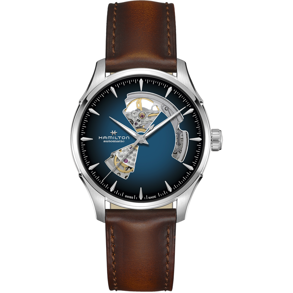 Product Description: The Jazzmaster Open Heart Automatic Watch by Hamilton features a brown leather strap paired with a silver case. Its smoked blue dial showcases an open-heart design, exposing the intricate automatic movement within. The dial is emblazoned with the brand name "Hamilton" and includes silver hour markers and hands, indicative of its place in the prestigious Jazzmaster Open Heart collection.