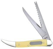 The Yellow Synthetic Smooth Fishing Knife by W.R. Case & Sons Cutlery Co. features a yellow handle with metal bolsters and an oval nameplate, along with two blades: a curved clip point blade and a hook blade with a serrated edge, making it the perfect addition to your tackle box.