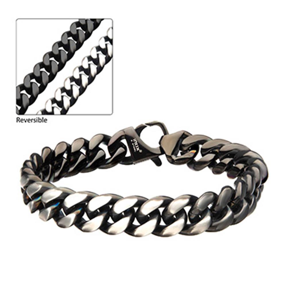 The Stainless Steel Matte/Antiqued & Black Plated Reversible Big Curb Chain Colossi Bracelet from INOX is a thick, two-toned men's bracelet featuring a polished surface and a chunky curb chain design. The reversible bracelet showcases both black and silver options, as highlighted by an inset image.