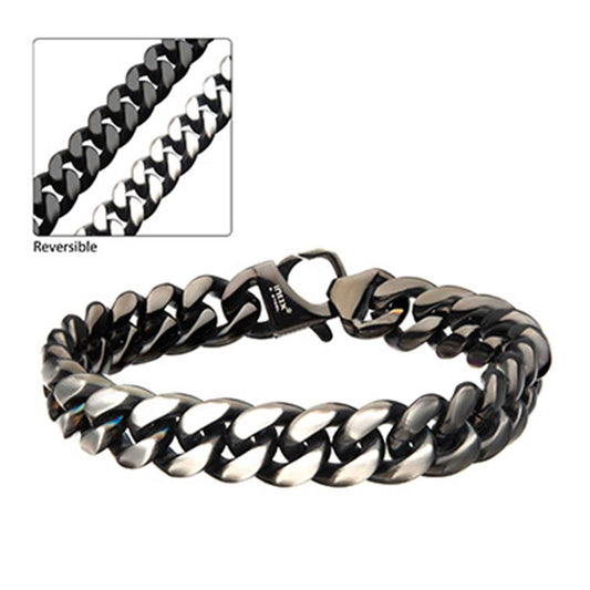 The Stainless Steel Matte/Antiqued & Black Plated Reversible Big Curb Chain Colossi Bracelet from INOX is a thick, two-toned men's bracelet featuring a polished surface and a chunky curb chain design. The reversible bracelet showcases both black and silver options, as highlighted by an inset image.