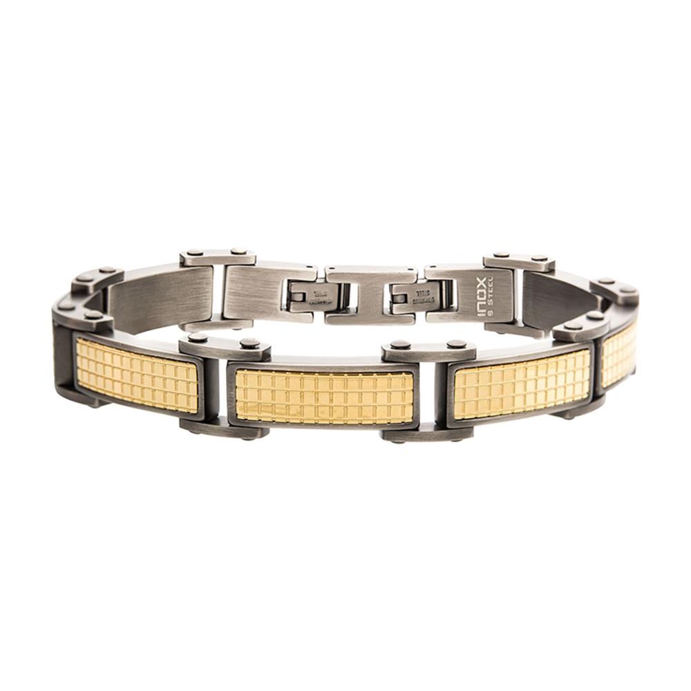 The INOX Gun Metal Plated Bracelet with 18K Gold combines sophistication and industrial design, featuring stainless steel with 18K gold plated rectangular inlays and visible screws. The clasp closure is secure, and the INOX brand name is situated near it. The bracelet also offers adjustable links to ensure a perfect fit.