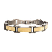 The INOX Gun Metal Plated Bracelet with 18K Gold combines sophistication and industrial design, featuring stainless steel with 18K gold plated rectangular inlays and visible screws. The clasp closure is secure, and the INOX brand name is situated near it. The bracelet also offers adjustable links to ensure a perfect fit.