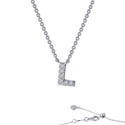 The Lafonn Letter L Pendant Necklace boasts a shimmering silver pendant encrusted with small, sparkling white stones. Its chain showcases a classic, elegant design complete with a clasp and an adjustable length option at the end, allowing for a personalized touch to your jewelry collection.