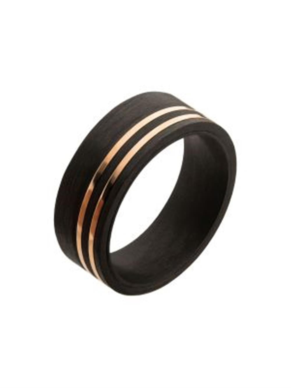 The INOX Men's Stainless Steel Solid Carbon Ring with Inlayed Rose Gold Thin Lines C features two parallel, thin rose gold bands running around its circumference. This black ring boasts a smooth, matte finish and a wide band design for added comfort.
