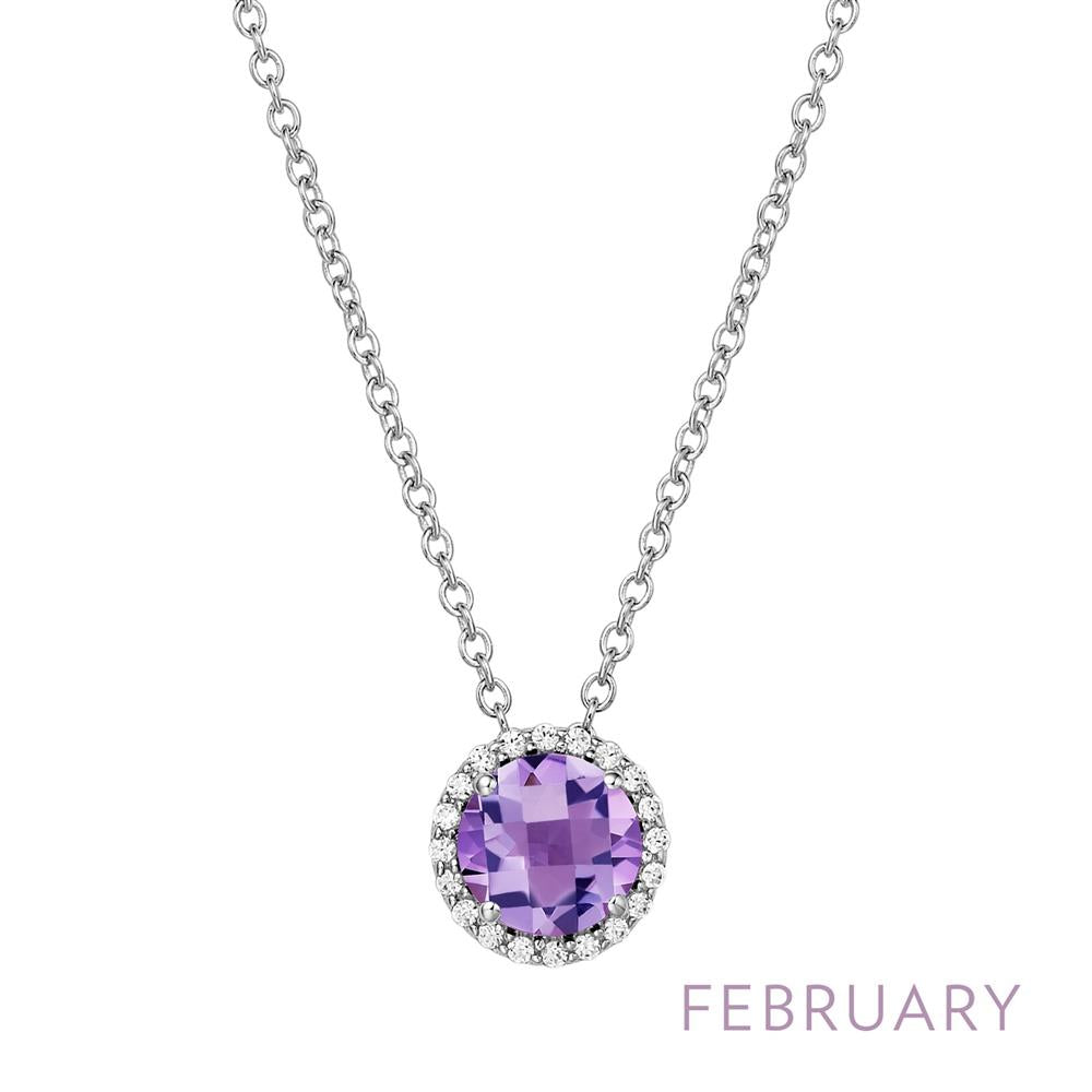 The February Birthstone Necklace by Lafonn features a round, amethyst gemstone pendant encircled with small, clear crystals, perfectly capturing the elegance of birthstone jewelry. The word "February" is elegantly displayed in light purple text at the bottom right corner of this stunning halo pendant.