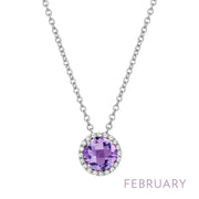 The February Birthstone Necklace by Lafonn features a round, amethyst gemstone pendant encircled with small, clear crystals, perfectly capturing the elegance of birthstone jewelry. The word "February" is elegantly displayed in light purple text at the bottom right corner of this stunning halo pendant.