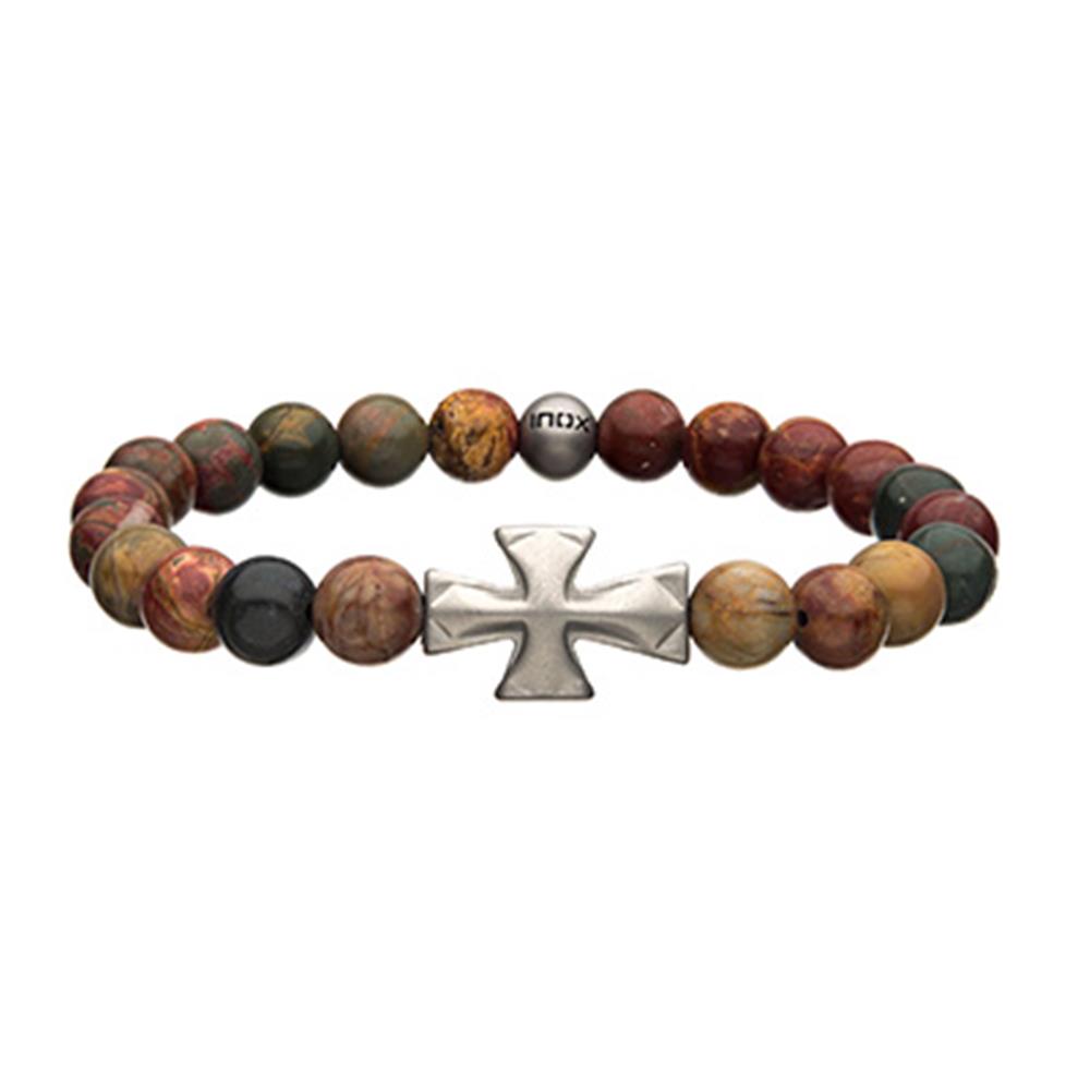 The Men's Stainless Steel 8mm Bracelet from INOX features an exquisite mix of Picasso Jasper stones and includes a polished silver cross as the centerpiece. It is complemented by a small metal bead engraved with "inox" and is elegantly strung on a durable silicone string for lasting wear.