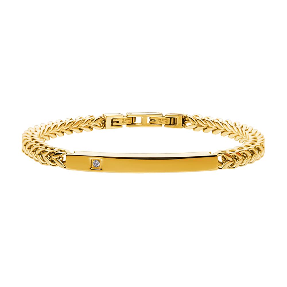 The INOX 18K Gold Plated with Diamond Franco Chain Miami Cuban ID Bracelet features a sleek, rectangular ID plate at the center adorned with a small diamond. This stunning bracelet boasts a looped chain design and includes a secure clasp mechanism for fastening.