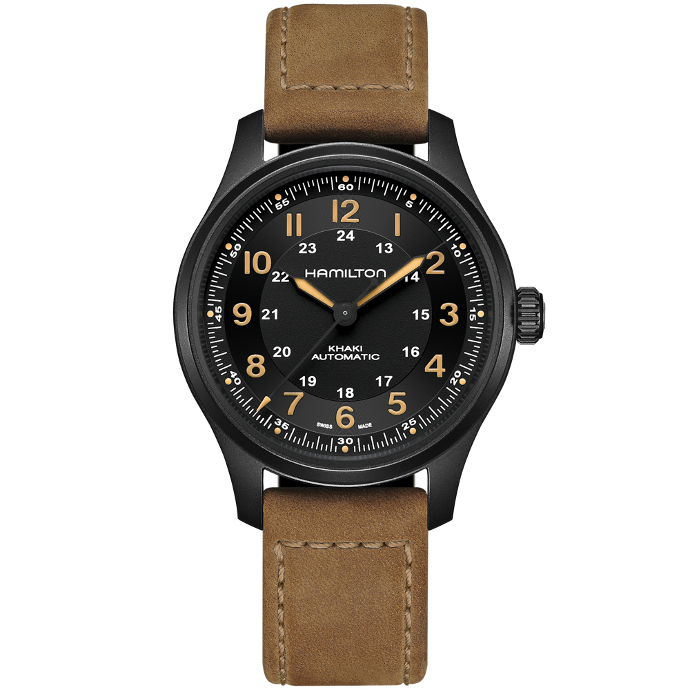 This military-inspired wristwatch features a black face with white hands and numerals in both 12- and 24-hour formats. The brand name "Hamilton" and "Khaki Automatic" are visible on the dial. With a brown leather strap and black casing, it’s a testament to Hamilton’s Khaki Field Titanium Automatic Watch | 42mm line.