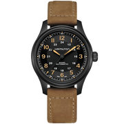 This military-inspired wristwatch features a black face with white hands and numerals in both 12- and 24-hour formats. The brand name "Hamilton" and "Khaki Automatic" are visible on the dial. With a brown leather strap and black casing, it’s a testament to Hamilton’s Khaki Field Titanium Automatic Watch | 42mm line.