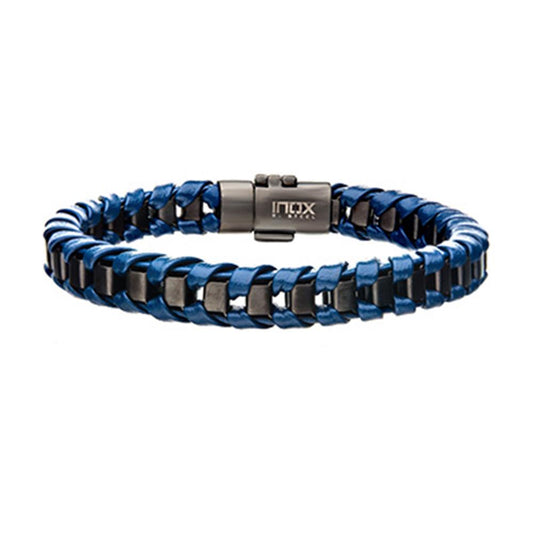 The Men's Navy Leather with Gun Metal Plated Bracelet by INOX is a sleek and modern accessory. Measuring 8 1/4 inches, it features interwoven black and metallic blue links with a metallic clasp engraved with the "INOX" logo. The gunmetal-plated design adds a touch of sophistication.
