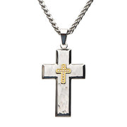 Introducing the sophisticated "Gold Plated Cross with Wheat Chain" by INOX. This elegant piece features a small, gold-colored cross adorned with embedded crystals at its center, set against a larger steel hammered cross pendant. The standout design hangs from a thick, 24-inch silver wheat chain, offering both texture and sophistication.