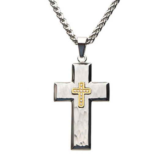 Introducing the sophisticated "Gold Plated Cross with Wheat Chain" by INOX. This elegant piece features a small, gold-colored cross adorned with embedded crystals at its center, set against a larger steel hammered cross pendant. The standout design hangs from a thick, 24-inch silver wheat chain, offering both texture and sophistication.