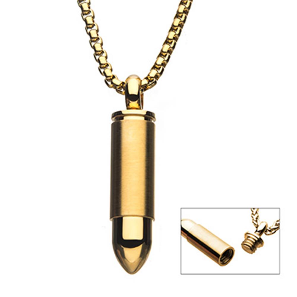 Stainless Steel Gold Plated Stash Bullet Pendant by INOX featuring a 22" wheat chain. This men's pendant opens by unscrewing the top as demonstrated in an inset image. It boasts a polished, metallic finish and a cylindrical shape with a pointed tip.