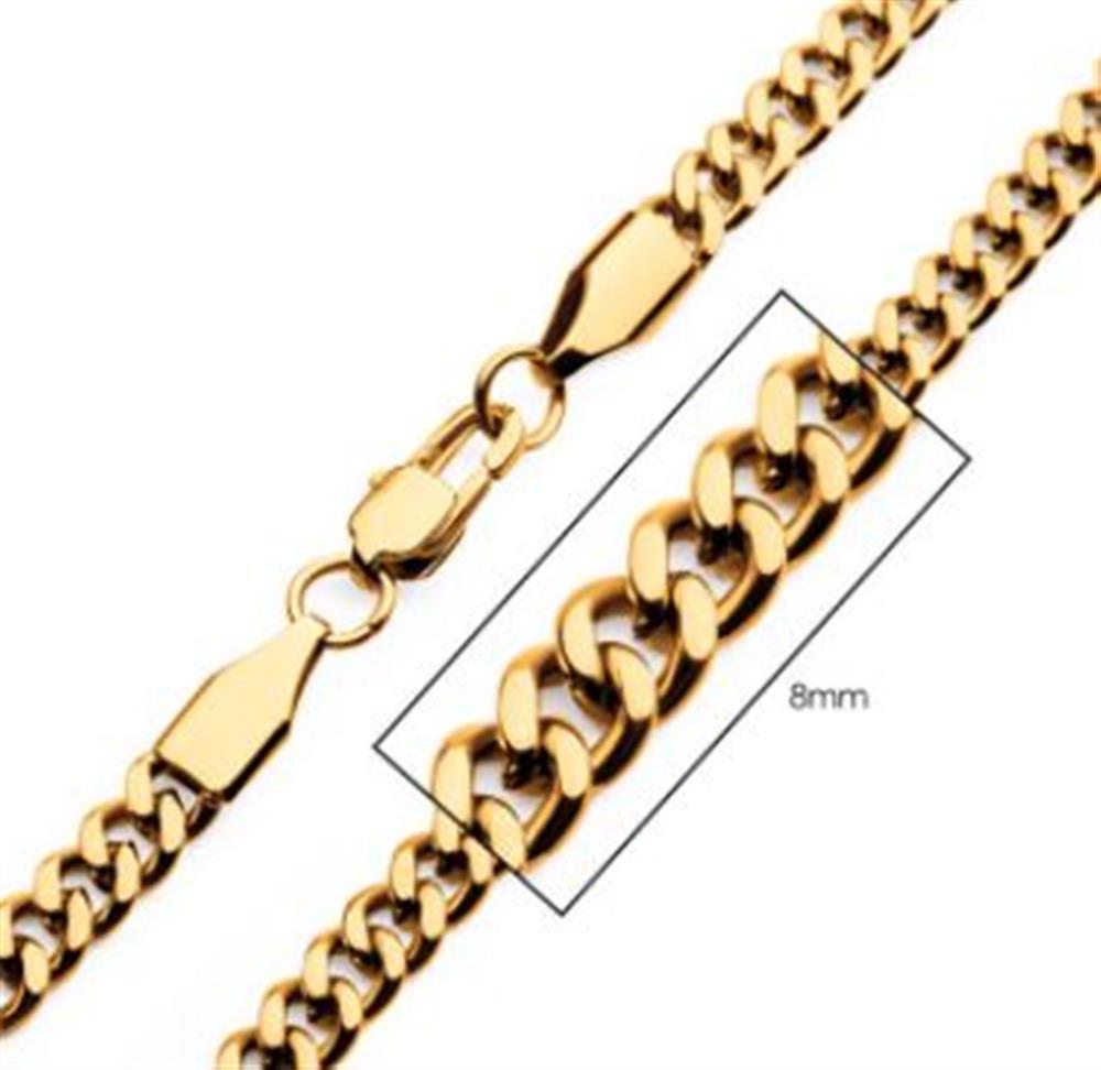 A close-up image of the INOX 8mm 18K Gold Plated Diamond Cut Curb Chain Necklace, measuring 24 inches in length. The men's stainless steel chain features a lobster clasp and is depicted in two segments: one flat and one extended. An overlay rectangle highlights the chain's width, which is noted as 8mm.