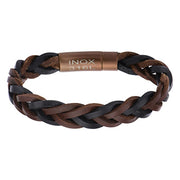 The Men's Black and Brown Leather Bracelet by INOX features interwoven strands of black and brown leather, making it a versatile and stylish accessory at 8 1/4 inches in length. With a cylindrical metallic clasp engraved with "INOX 316L," this bracelet boasts a simple yet masculine design that is perfect for both casual and formal wear.