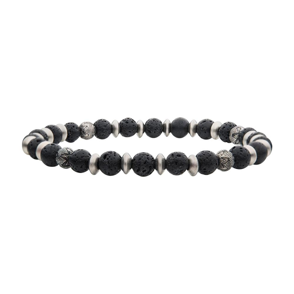 Men's 6.5mm Lava Stones with Black Oxidized Beads Bracelet. 7 1/2 inch