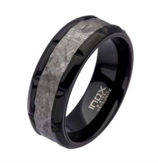 Men's Meteorite Inlay Black Plated Notch Ring. Size 10

Location 1 w