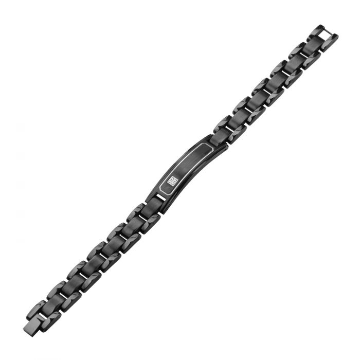 Men's Stainless Steel Black Plated with Clear CZ ID Plate Link Engravable Bracelet | 8.25" - 8.75" Adjustable