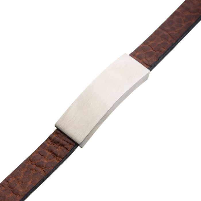 Men's Brown Leather with Steel Buckle ID Bracelet | 8.5" Adjustable
