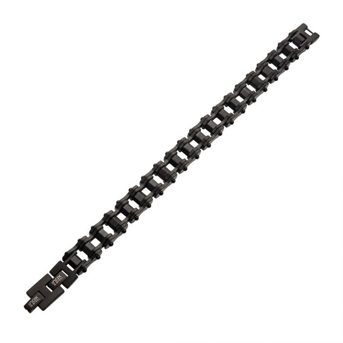 A close-up view of the Black Plated Bike Chain Bracelet by INOX, featuring a double chain-link design with large, interconnected rectangular links and a fold-over clasp. This self-adjustable link bracelet boasts a sleek, industrial look with black plated bike chain elements, seamlessly combining modern style with durability.